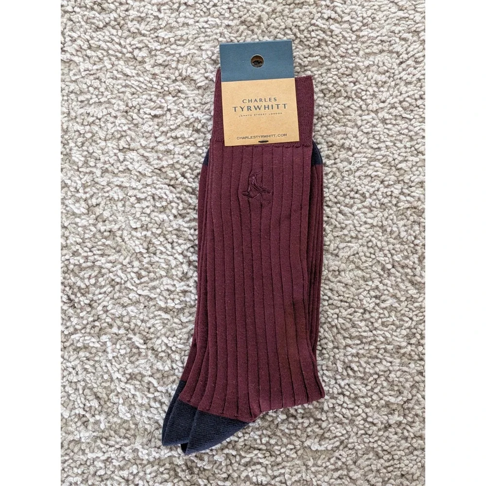 NWT Charles Tyrwhitt Socks Mens 6-10 Wine Red Cotton Rib Calf Length